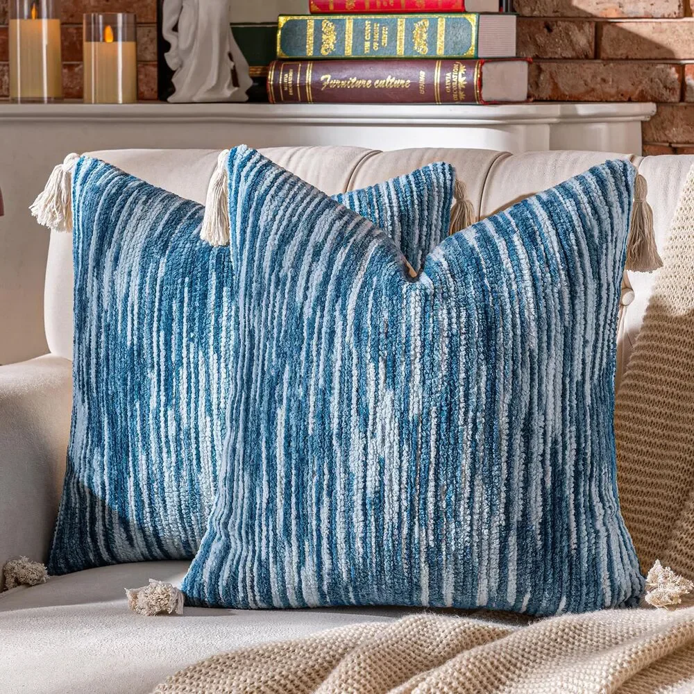 Set of 2, Boho Throw Pillow Covers Decorative Woven + Tassels Textured Cushion